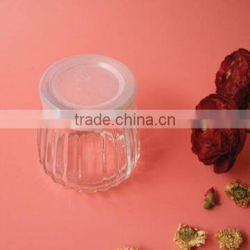 promotional fancy ribbed pudding jelly glass jar with plastic lid