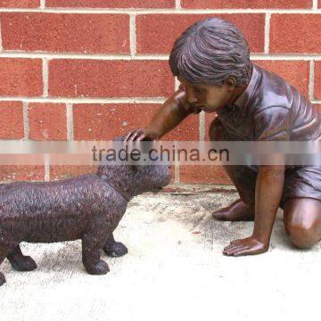 cast brass boy with dog statue