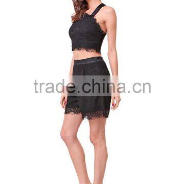 Fashion Design Short Lace Eyelash Hem Ladies Crop Top Set