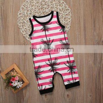 Summer Baby Sleeveless Coconut Tree Print Stripe Crotchless Bodysuit photo-3