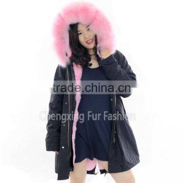 CX-G-P-08A Fox Fur Big Collar Hooded Real Fur Parka with Rex Rabbit Fur Lining