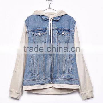2017 Wholesale Plain Denim Jacket Mens With Contrast Hooded Sweatshirt photo-4