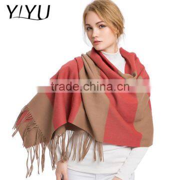 women elegant soft color block tassel hem wool cashmere wrap shawl