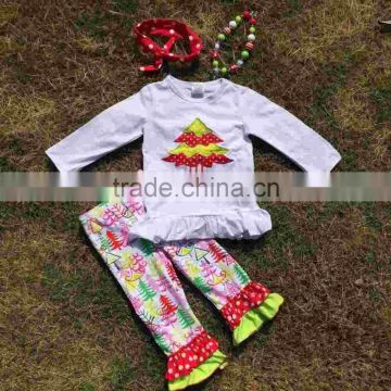 new design Christmas kids clothing winter clothes hot sell Christmas tree embroider white top ruffle pant with matching headband