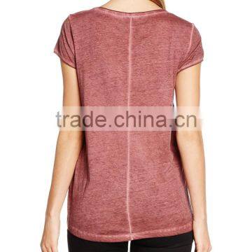 Ladie's Back Curved Hem Short Sleeve Front Print and Oil Wash T-shirt photo-6