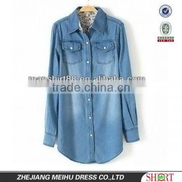 new lady's long sleeve loose casual contrast color denim shirt with two pockets