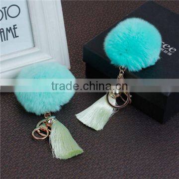 Fashion Gold Plated Mint Green Angora Pom Pom Ball Grass Green Rayon Tassel Keychain photo-3