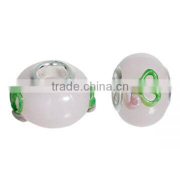 Lampwork Glass European Style Large Hole Charm Beads Round Silver Plated Core Light Pink Flower Pattern Enamel photo-3