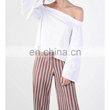 European and American style female cold shoulder rib top, White Blouse 2017