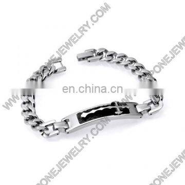 Black Leather Stainless Steel Bangle Cuff Bar Engraved photo-4