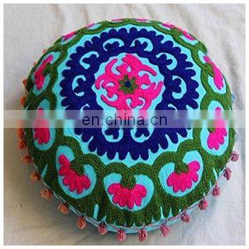 Indian Suzani Round Cushion Cover Handmade Cotton Pouffe Vintage Pillow Case Ottoman Cover