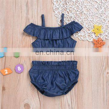 Children's clothing girls pure color denim top and shorts with two sets