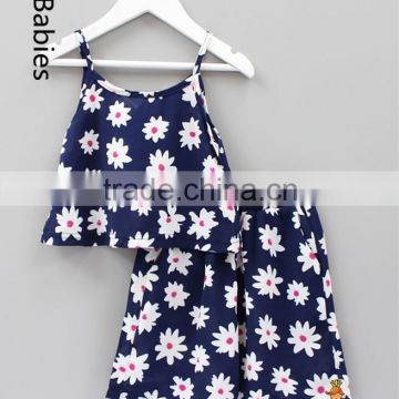 Pretty baby clothes 2016 girls summer navy blue flower print outfits