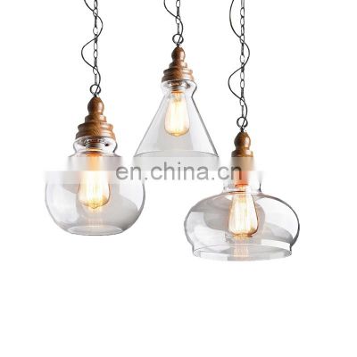 Tonghua 2020 New Clear Glass Shell Nordic Wood LED Pendant Light Pub Coffee Modern Chandelier Light