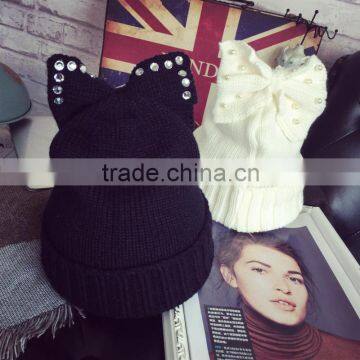 Fashion Charm Ladies Rhinestone Jewelry Pearl Bowknot Ear Cap Hat Beanie