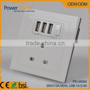 Type G Euro/UK Electrical Wall Power Socket With 3 USB Outlet 230V 13A BSi Standard For Hotel/Home/Office