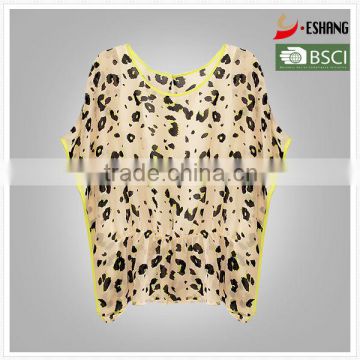 Ladies chiffon leopard print batwing sleeve blouse