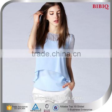 Latest Design Summer Wear Light Blue Chiffon Women Blouse 2015