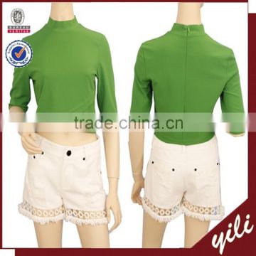 2016 new design 98% polyesters2% spandex cross front short sleeve back zipper green lady summer crop top