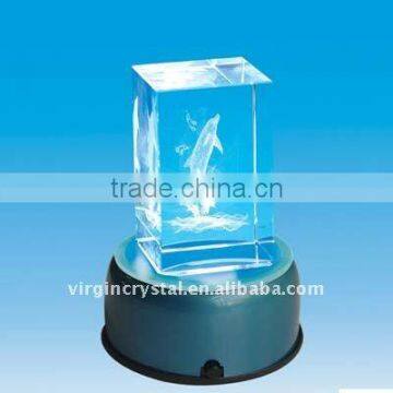 Wholesale 3d laser etched crystal cube with Green Round LED Light Base Rotating