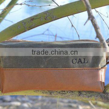 High Quality and Personalized Waxed Canvas and Leather Bag , Waxed Canvas Zipper Pouch With Leather Accents , Waxed Canvas Pouch