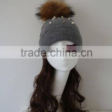 USA style Knitted Beanie Cap With Top Colorful Raccoon Fur Ball Multicolor Raccoon Fur Pompom Knit Hat