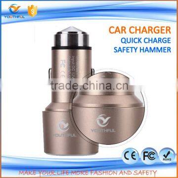 OEM LOGO 2 usb port input 12V auto starting car charger for universal laptop and mobile with safety hammer