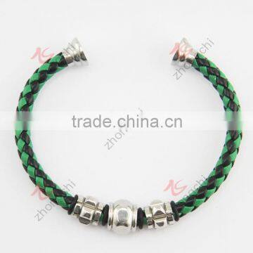 Stainless Steel Magnet Clasp With Green Leather Braided Cuff Bangle photo-5