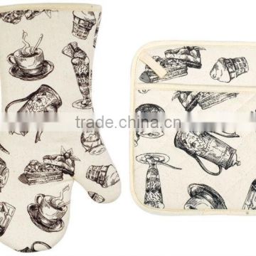 2015 NEW DESIGN WITH GREY CLOTH PRINTING TABLEWARE COTTON (OVEN MITT& POT HOLDER) KITCHEN SET