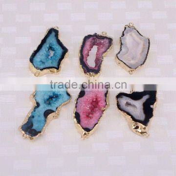 Charm Mix Color Geode Agate Slice Beads, Gold plated Agate Gem stone Connector Druze Beads For Jewelry Making