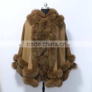 wholesale genuine cashmere cape with fox fur hood trim CC08