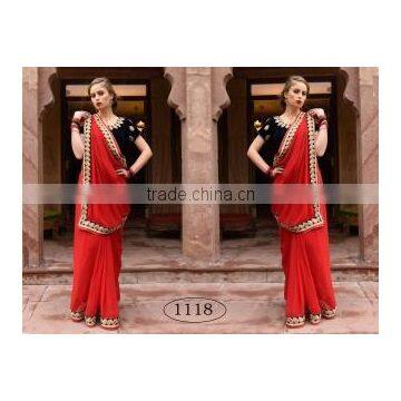 Pious Red Georgette Saree/best designer sarees online shopping