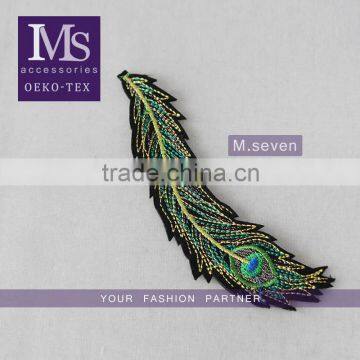 good looking green color applique embroidery design patch peacock feathers decoration garment