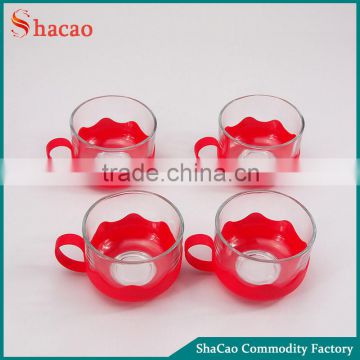 150ML Drinking Glass Tea Cup Sets with Red Plastic Handled Holders