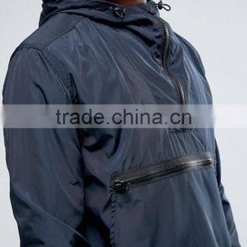 Wholesale Custom Best Price High Quality New Design Navy Zip Front Drawstring Hood 100% Polyester Woven Casual Men Jacket photo-3