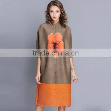 Latest design woman button flower printed crinkled dress