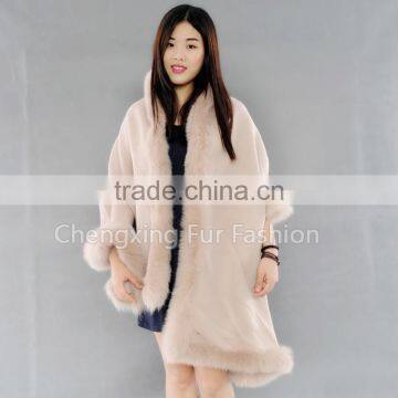 CX-B-P-25E Factory Wholesale Women Pashmina Cashmere Fur Trim Cape photo-2
