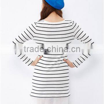 For Women This White Collar and Body Text Printed Chiffon Stitching Knitted Stripes Long-sleeved Dress photo-2