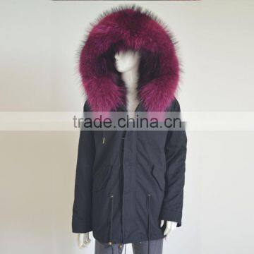 Myfur Navy Cotton Shell Parka Jackets with Fox Patchwork Fur Lining Raccoon Hooded