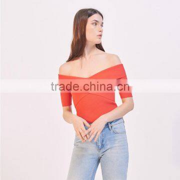 Elasticated Knit Crossover Shape V-neck Short Sleeves Strapless Tank photo-4