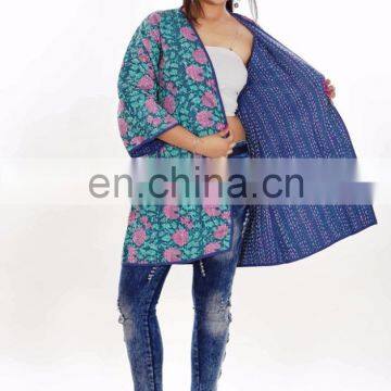 Cotton Quilted Women Long Jacket Reversible Kantha Designer Coat