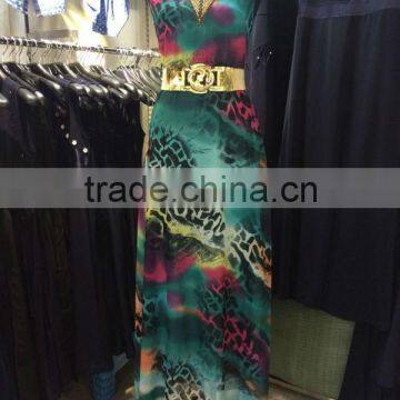 2015 Turkish fashion colorful leopard chiffon V-neck diomand dress with golden belt