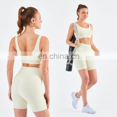 Athletic Ribbed Yoga Fitness Women Square Neckline Sports Bra Biker Shorts Set Gym