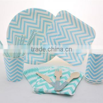 Blue Chevron Disposable Tableware Paper Plate Paper Cup Paper Straw Wooden Cutlery