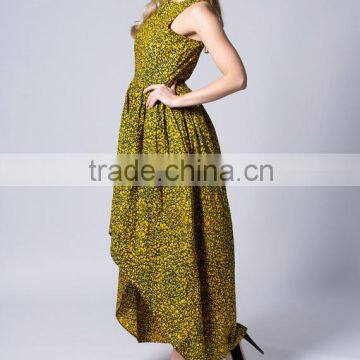 Front Short Long Back Yellow Batik African Dashiki Designs Cotton Long Umbrella Dress photo-3