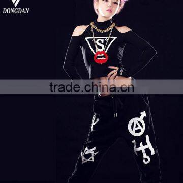 Jazz dance costume for sexy girl with black color and high quality print