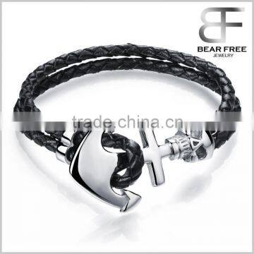 Mens 316L Stainless Steel Leather Punk Anchor Double Layers Bracelet for men