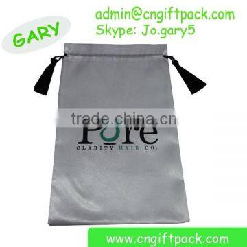 Custom Printed White Satin Hair Extension Drawstring Bags with Tassel