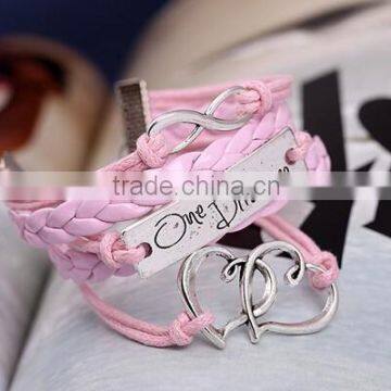 NEW Hot Fashion LOVE Double Heart Leather Cute Charm Bracelet plated Silver