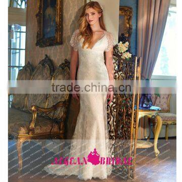 GS15 Sexy Wedding Dress V Neck Lace Floor Length Mermaid Cap Sleeve Backless Vestido Novia Corto